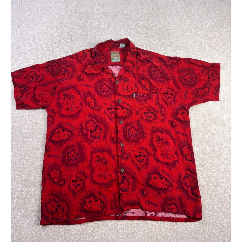 Pineapple Connection Mens Red Tropical Hawaii Rayon Button Up Camp Shirt Large